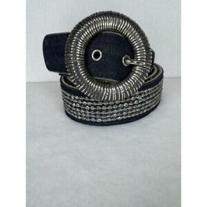 Chicos Denim Belt Round Silver Buckle Beaded Accent Genuine Leather Size M